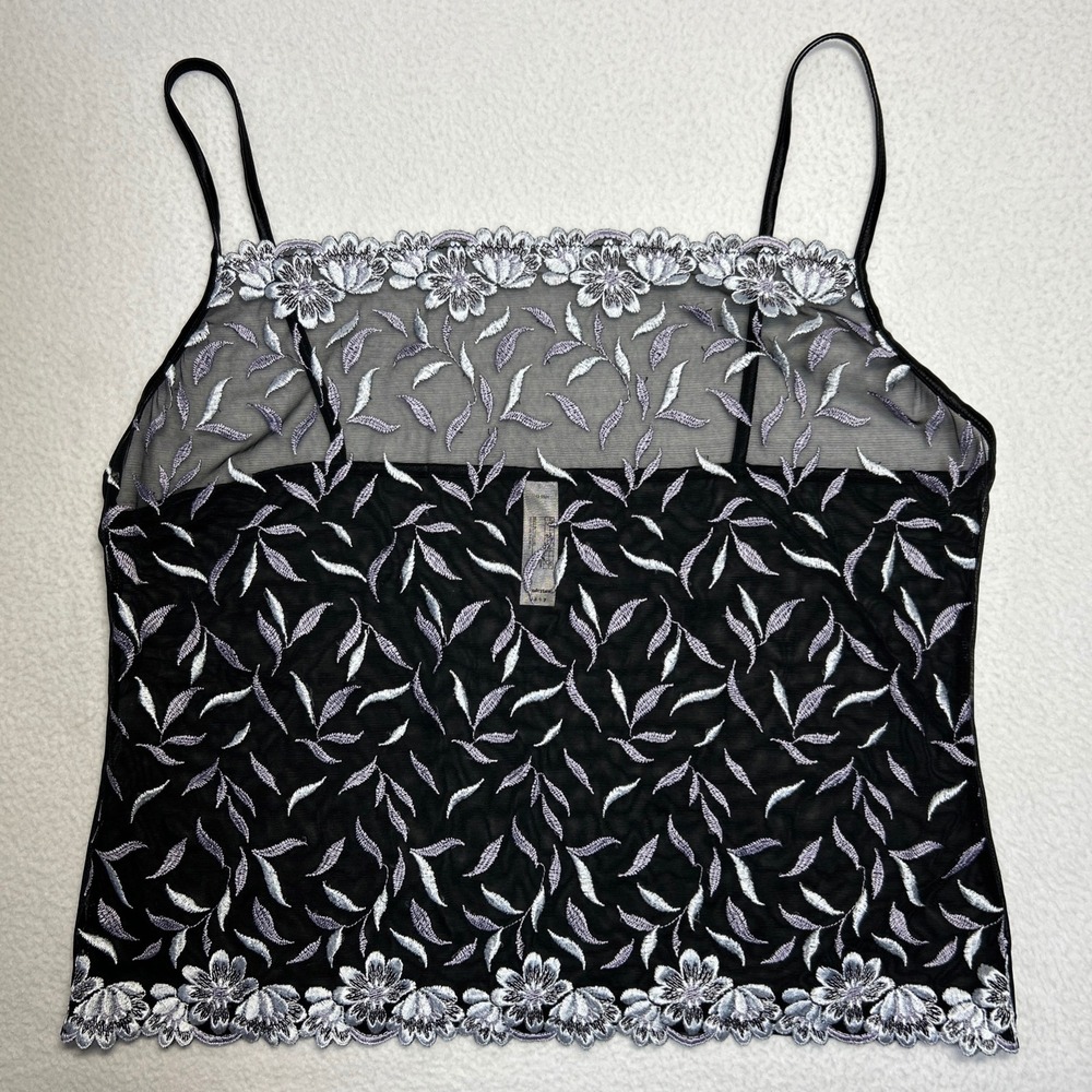 90s Y2K Retro Black Mesh Embroidered Floral Cami Sz M Fairy Coquette Whimsigoth